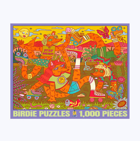 A square jigsaw puzzle box cover for a Birdie Puzzles 1,000 Pieces puzzle, featuring a highly detailed, colorful retro cartoon illustration of a bird character in a psychedelic landscape. The box is centered on a light gray background.